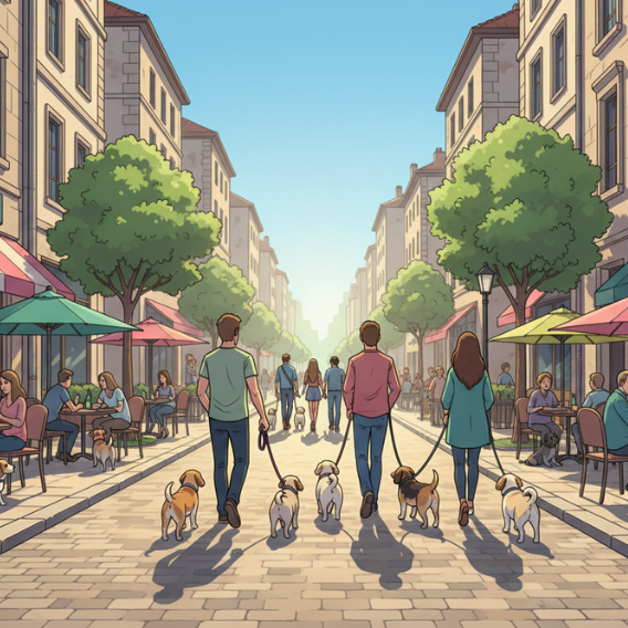 Ciudad pet-friendly con personas paseando mascotas